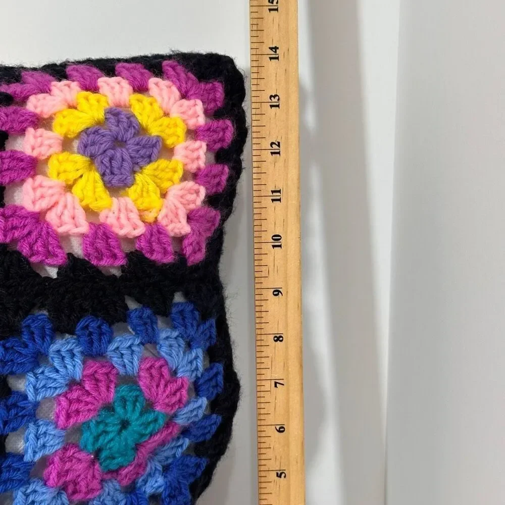 Pillow Crocheted Granny Square Colorful Decoration Black 14”x14”